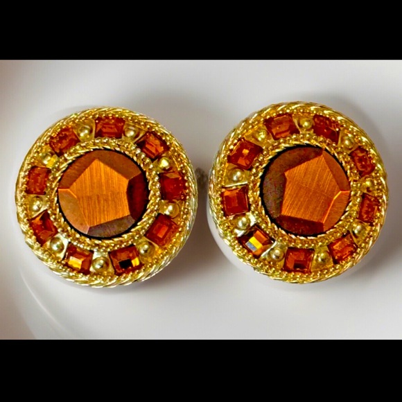 🍁VTG CHUNKY ROUND BLING AMBER CLIP-ON FASHION EARRINGS🍁 - Picture 3 of 6